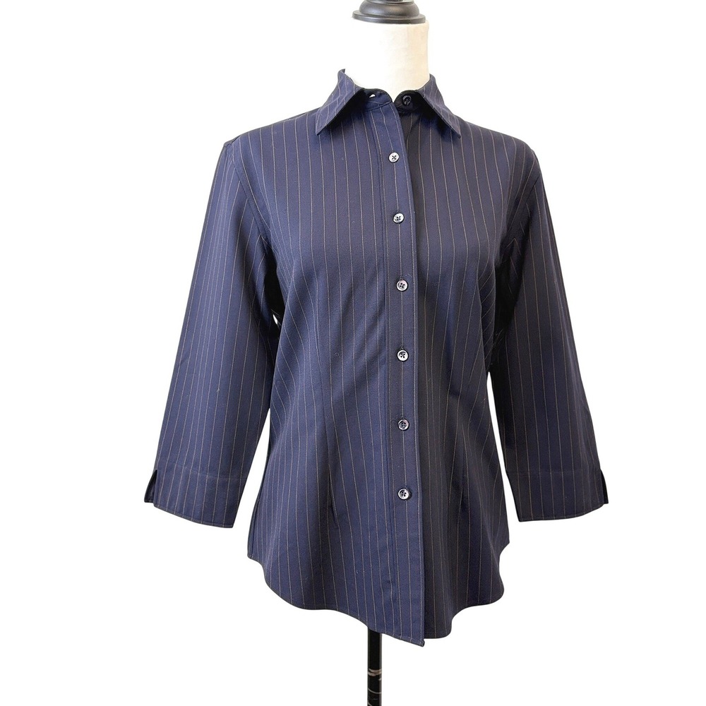 Faconnable Wool XS Navy Blue Pinstripe Button Down Shirt 90s Minimalist corpcore